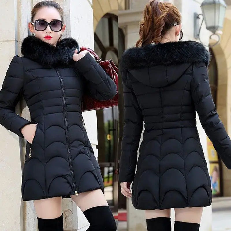 Women's Winter Jacket Parka, Large Faux Fur Collar with Hood, Thick Warm Coat, Casual Women's Outerwear, European Fashion, Black, Tops -30°C