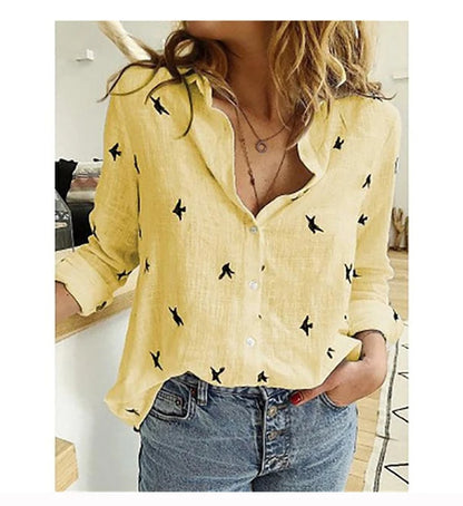 Vintage Streetwear Women's Oversized Bird Print Tunic – Casual Long Sleeve Cotton & Linen Blouse