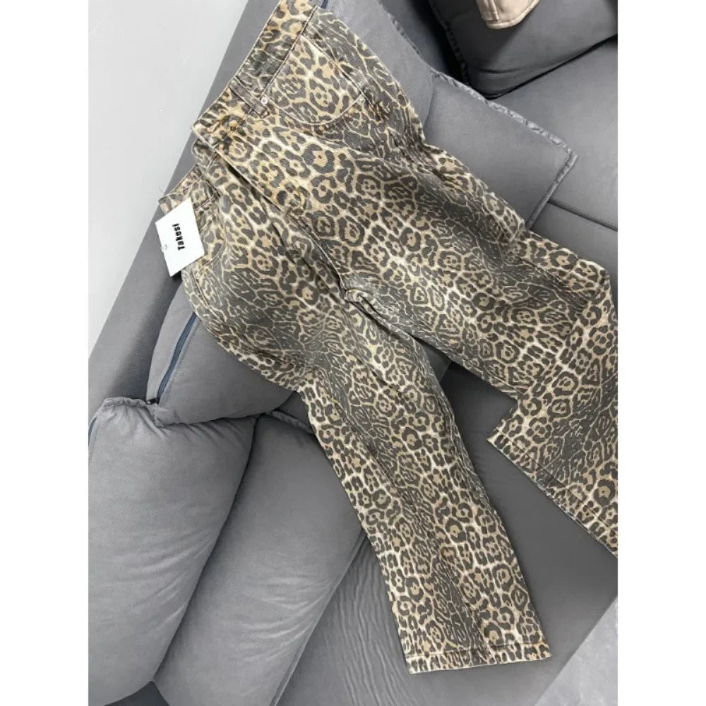 Wide-Leg High-Waisted Leopard Print Retro Jeans for Women, Y2K Oversized Casual Pants, Spring 2024