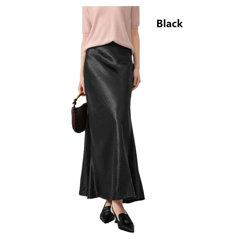 Satin Triacetate Women's Skirt Temperament Elegant Black Long Dress Light Luxury