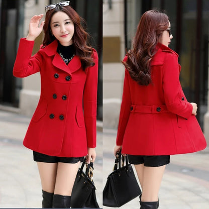 Autumn Winter Women Double Breasted Woolen Coat Solid Color Lapel Slim Fit Short