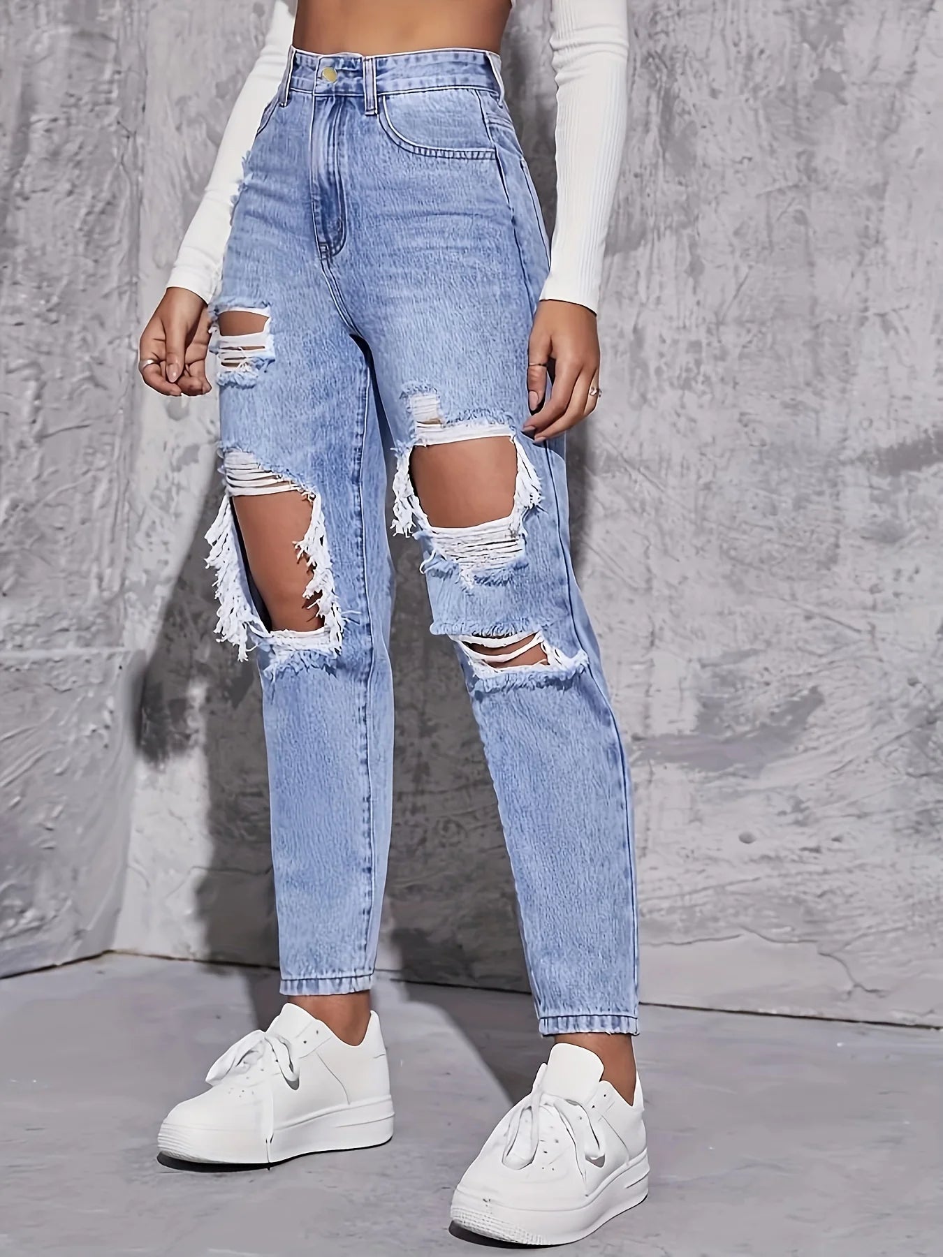 Jeans retrô americano furado para mulheres, cintura alta, virilha reta, solto,