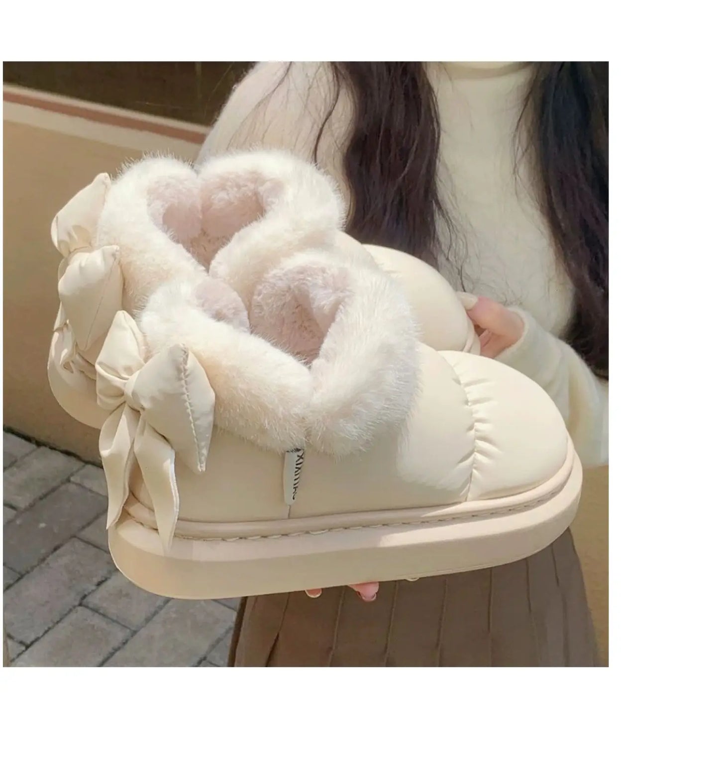 Women's Winter Bow-Knot Ankle Boots – Plush, Insulated, Waterproof PU Cotton Home Slippers