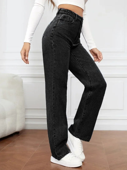 Calça jeans feminina reta de cintura alta, streetwear lavado, bolsos soltos, co