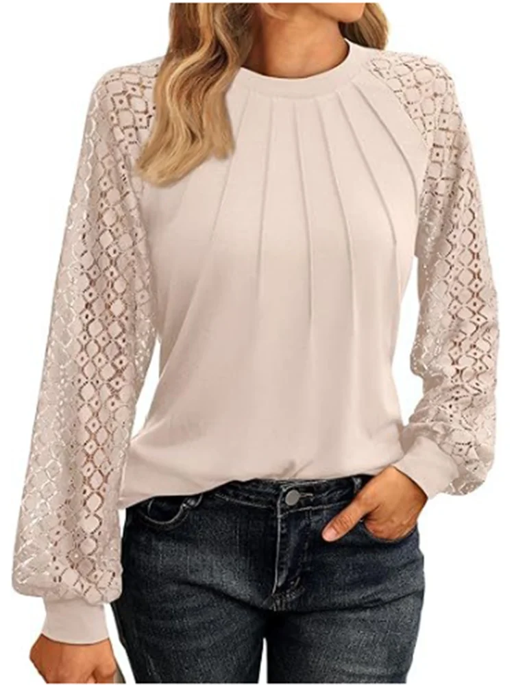 Elegant Women's Lace Blouse – Round Neck Lantern Sleeve Pleated Top for Autumn Casual Wear