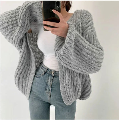 Cardigan de malha versátil casual feminino, suéter gola v, jaqueta solta, casa