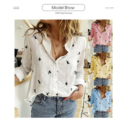 Vintage Streetwear Women's Oversized Bird Print Tunic – Casual Long Sleeve Cotton & Linen Blouse