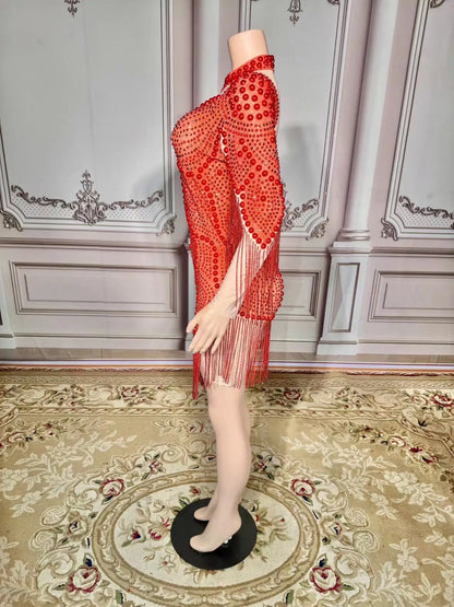 Xmas Sexy Women New Diamonds Crystal Red Peals Floral Tassels Dress Skinny See T