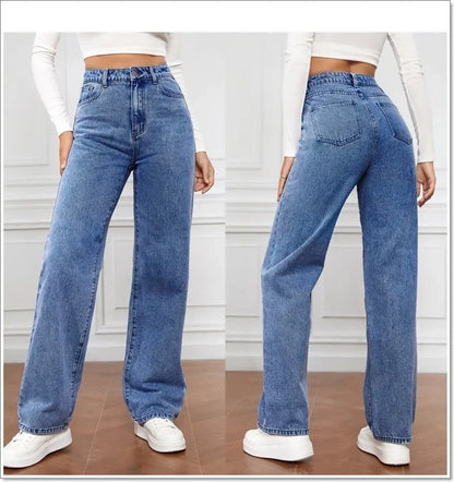 Calça jeans feminina reta de cintura alta, streetwear lavado, bolsos soltos, co