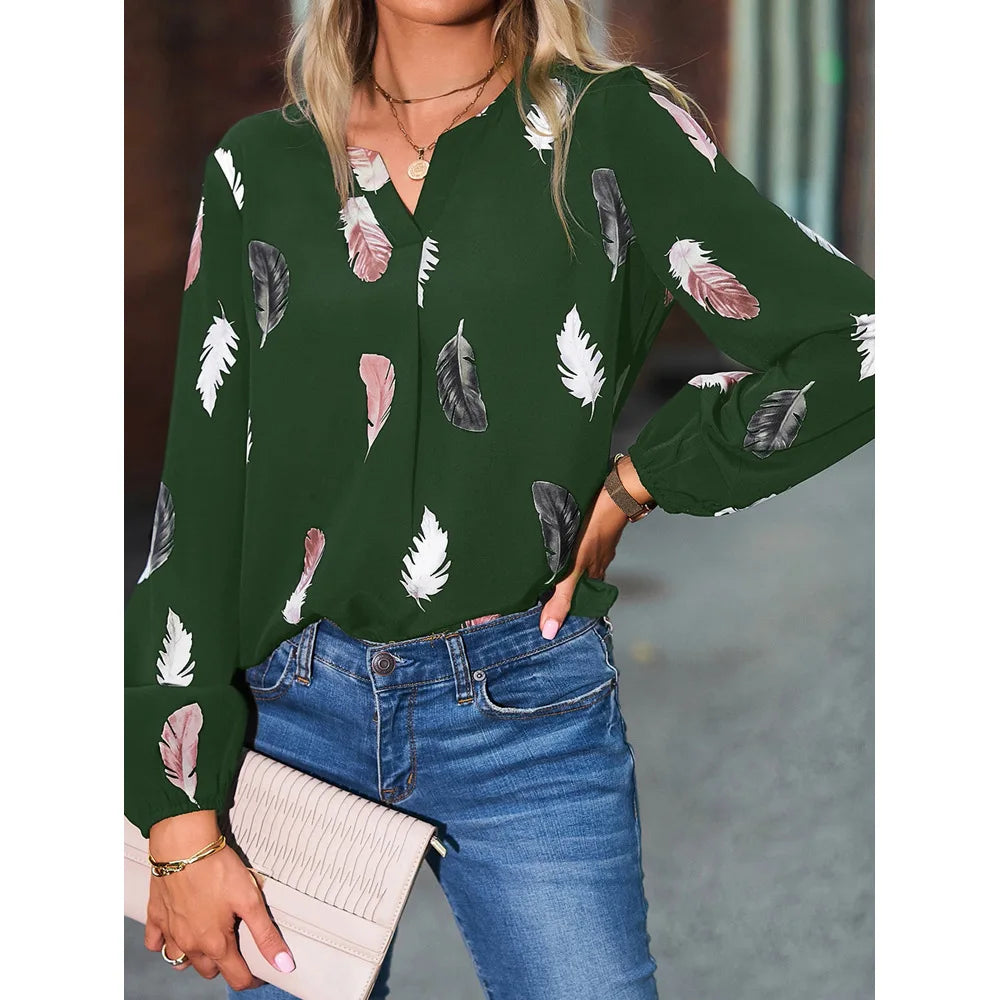 Women’s Feather-Pattern Chiffon Blouse – Elegant Long-Sleeve Fashion Top