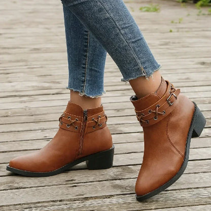 2024 Women's PU Leather Ankle Boots – New Autumn/Winter Short Booties with Side Zipper, Thick Heels & Rivet Detail (Plus Sizes Available)