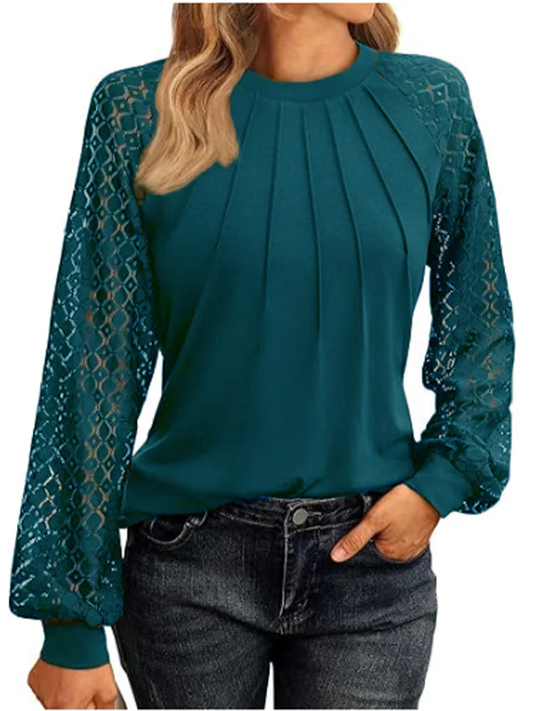 Elegant Women's Lace Blouse – Round Neck Lantern Sleeve Pleated Top for Autumn Casual Wear