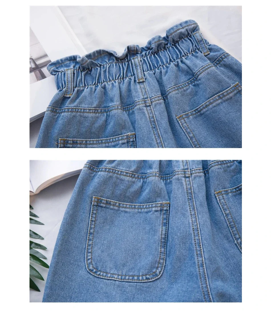 Y2k Summer Black Women Denim Shorts Women S-5XL Harem Ruffled White Blue High Waisted Shorts Female Elastic Short Jeans