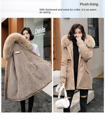 Women's Fine Wool Parka with Hood and Fur Collar, Warm Snowy Quilted Long Coat, Fashion Winter Outerwear 2023