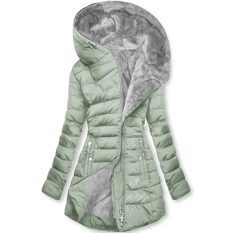 Women's Quilted Cotton Jacket with Zipper - Warm Faux Fur Collar Parka, Hooded Coat, Long Sleeve Trendy Winter Wear