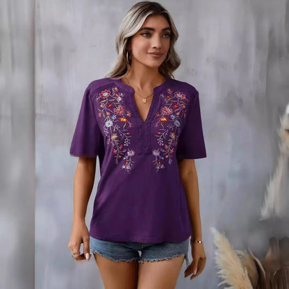 Vintage Summer V-Neck Lace Blouse – Casual Embroidered Loose Top for Vacation & Everyday Wear