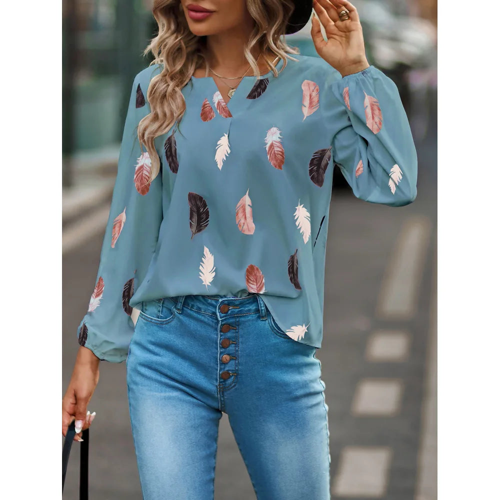 Women’s Feather-Pattern Chiffon Blouse – Elegant Long-Sleeve Fashion Top