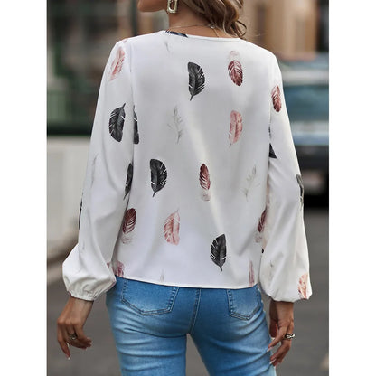 Women’s Feather-Pattern Chiffon Blouse – Elegant Long-Sleeve Fashion Top