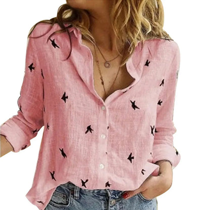 Vintage Streetwear Women's Oversized Bird Print Tunic – Casual Long Sleeve Cotton & Linen Blouse