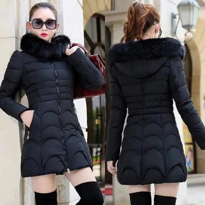 Women's Winter Jacket Parka, Large Faux Fur Collar with Hood, Thick Warm Coat, Casual Women's Outerwear, European Fashion, Black, Tops -30°C