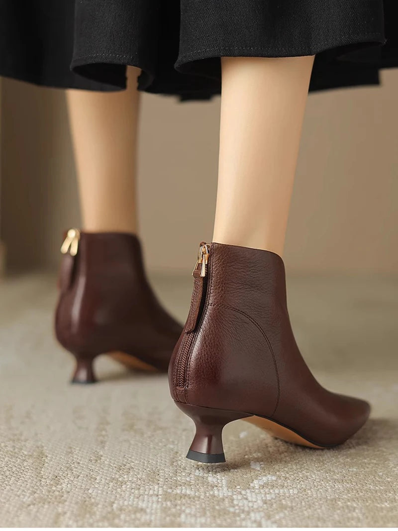 Women's Vintage Pointed Toe Ankle Boots – Elegant Autumn/Winter Booties with Zippers & Square Heels