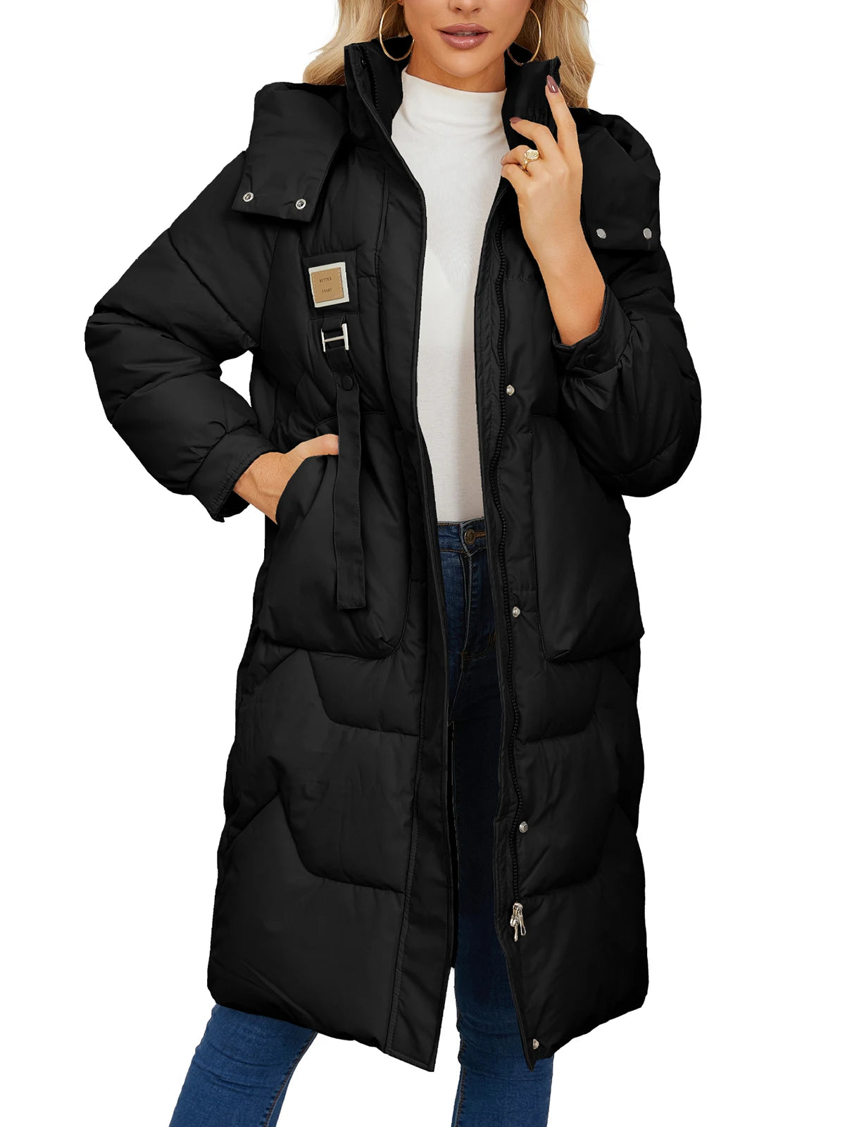 Autumn Winter Women’s Padded Jacket Stand Collar Wide-Waisted Hooded Long Coat