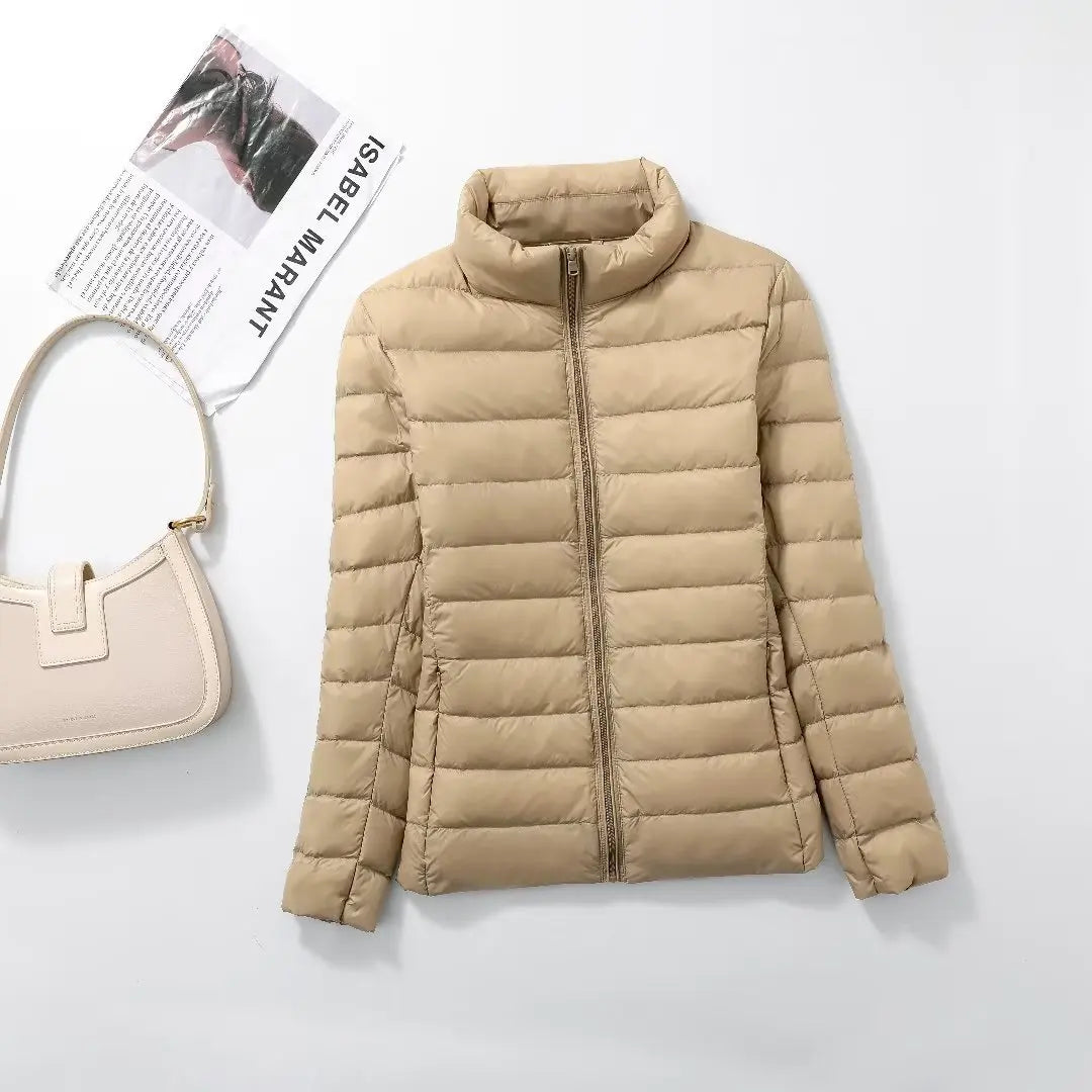 Parka para baixo empacotável feminina, jaqueta puffer empacotável, casaco casu