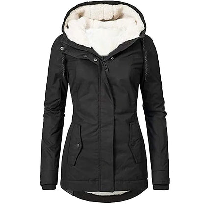 Women's Hooded Zipper Coat - Loose Parka with Pockets, Full Sleeves, Thick and Warm, Monochromatic Casual Jackets for Fall and Winter 2023