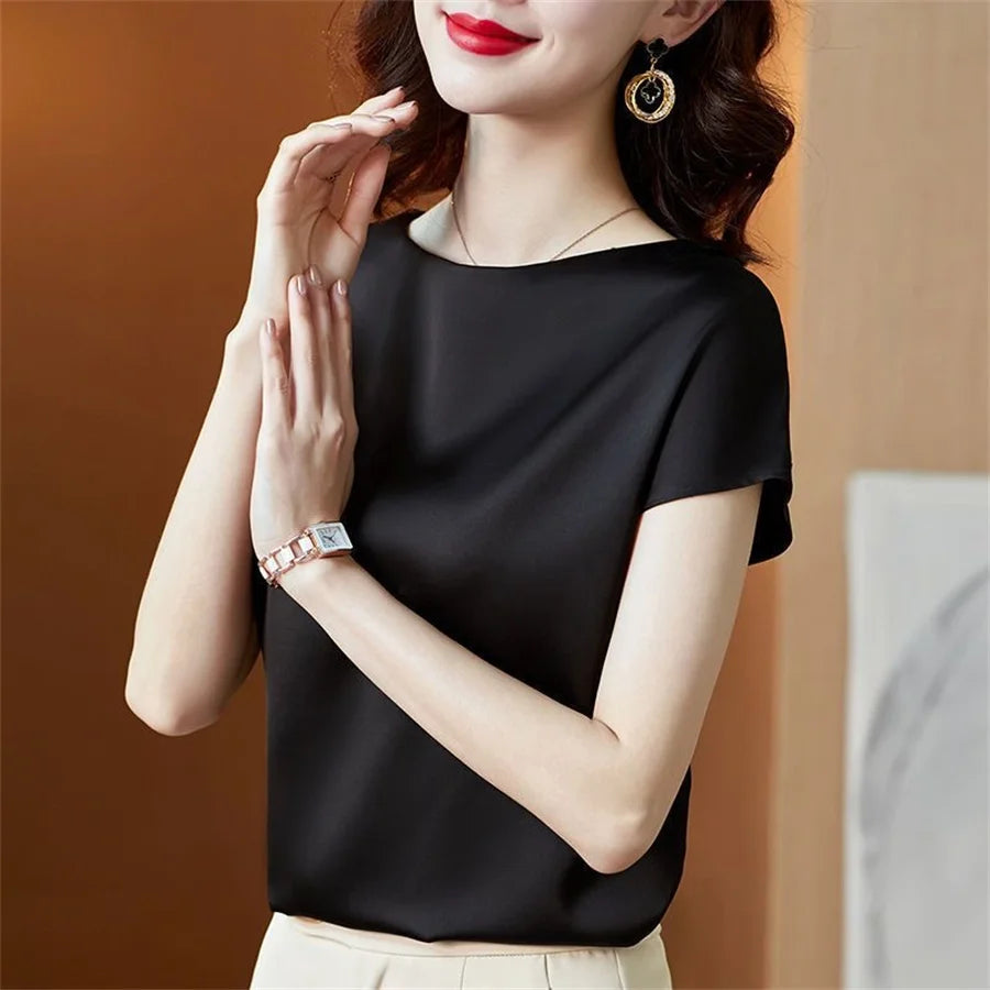 2024 Office Lady Satin Blouse – Sleek Short Sleeve O-Neck Casual Loose Top for Women DF4904