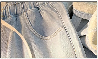 Calça jeans de perna larga forrado de veludo feminino, jeans de cintura alta, g