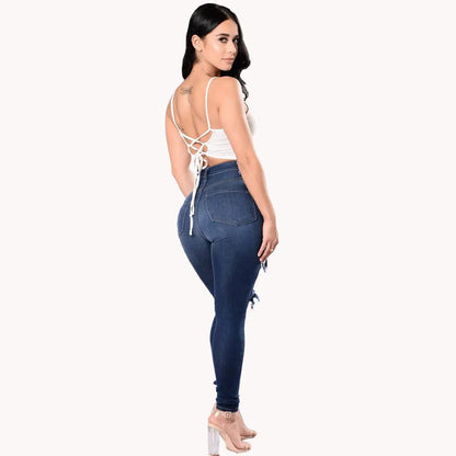 Jeans rasgado de cintura alta para mulheres, jeans skinny, calças lápis, calç