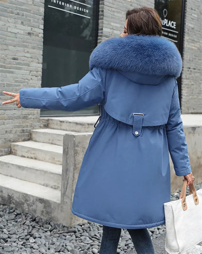 Women's Wool Hooded Jacket with Faux Fur Collar, Long Coat, Thick Warm Winter Snow Parka, Fashionable 2024 Winter Coat