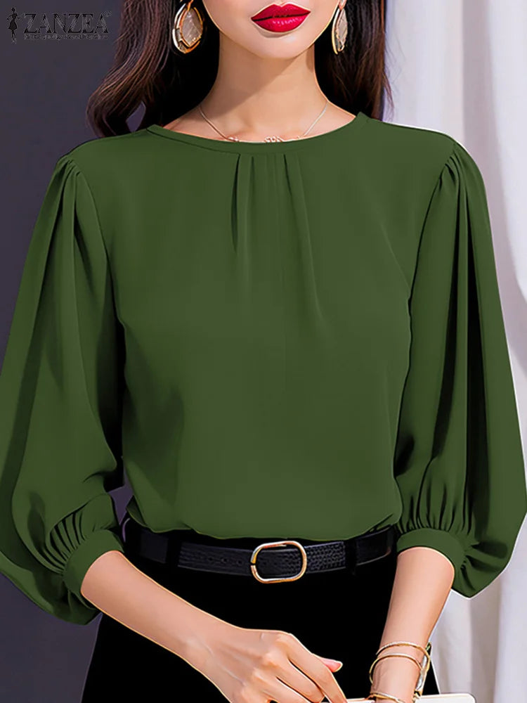 2024 ZANZEA Elegant 3/4 Lantern Sleeve Blouse – Loose-Fit Solid Top for Office, Party & Casual Summer Wear for Women