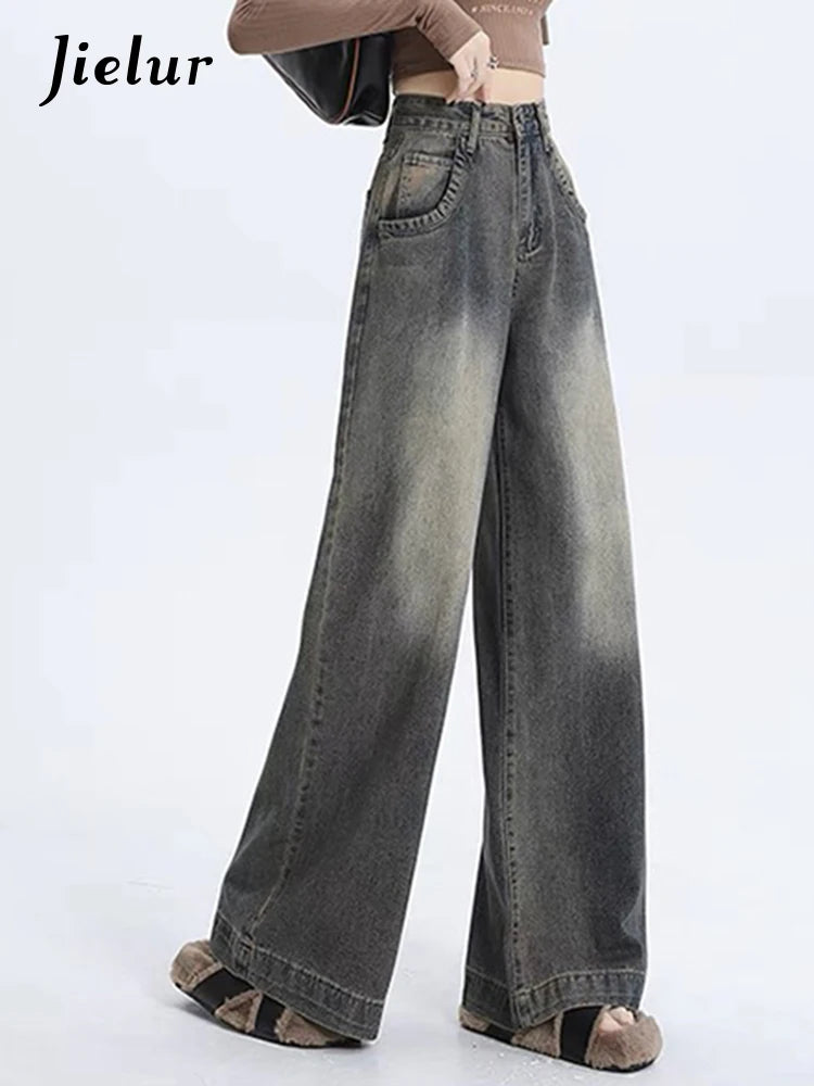 New Classic Loose Vintage Casual Female Wide Leg Pants American Spring Basic Washed Fashion Distressed Street S-XL Women Jeans