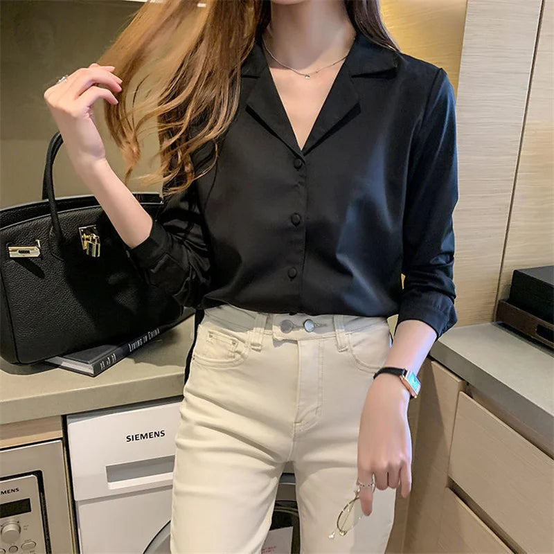 2024 Women's Long Sleeve Notched Collar Blouse – Elegant Spring & Autumn Office Wear Top (WY1003)