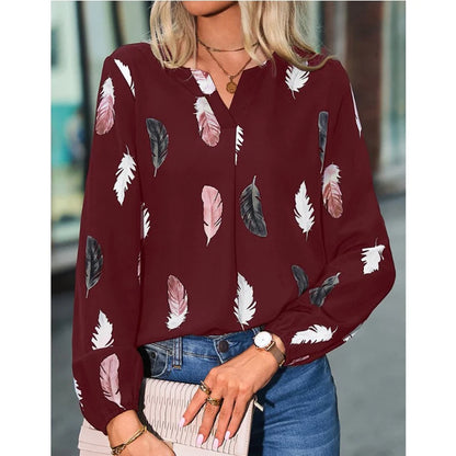 Women’s Feather-Pattern Chiffon Blouse – Elegant Long-Sleeve Fashion Top