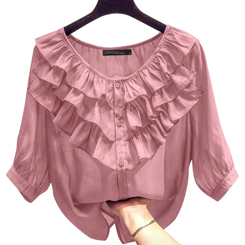 2024 ZANZEA Elegant Button-Up Blouse – Layered Ruffle Lantern Sleeve Casual Top for Women