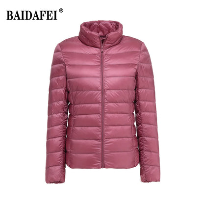 Parka para baixo empacotável feminina, jaqueta puffer empacotável, casaco casu