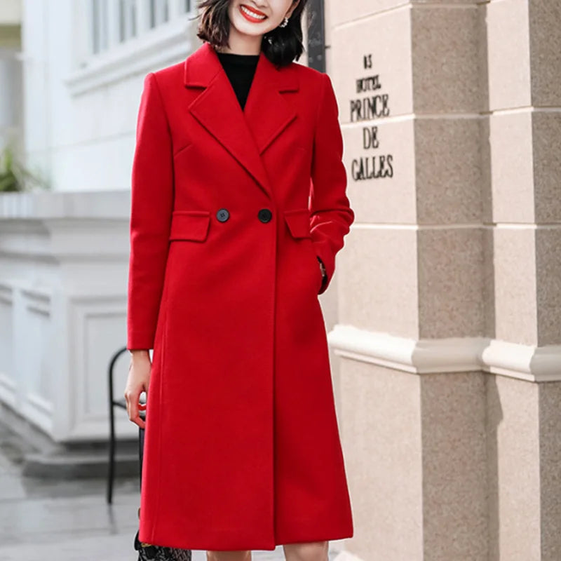 Winter Wool Blends Women's Coat Trench Pockets Solid Streetwear Lapel Coats Line