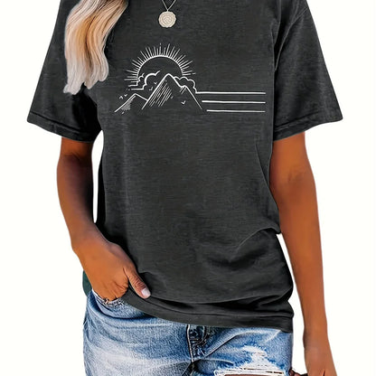 Women's Trendy Summer T-Shirt – Loose Round Neck Top with Mountain Sun Print for Casual & Party Wear