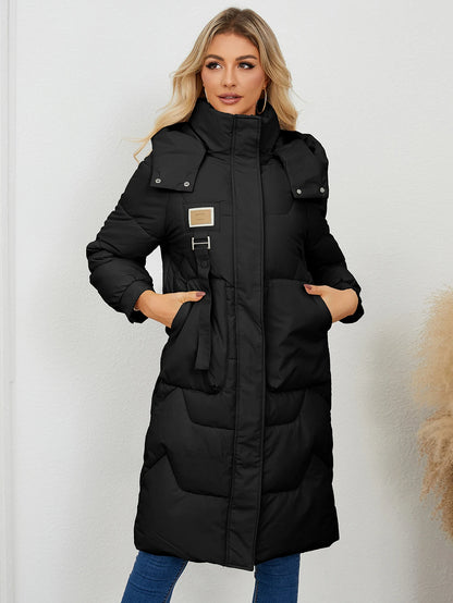 Autumn Winter Women’s Padded Jacket Stand Collar Wide-Waisted Hooded Long Coat