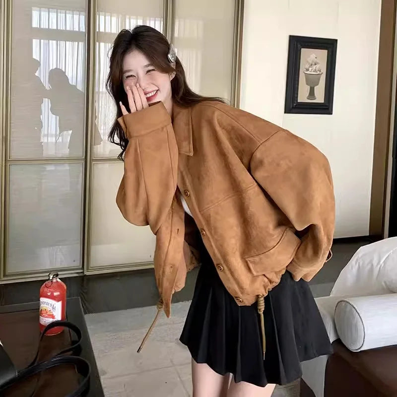 Retro Suede Short Jacket for Women in Spring and Autumn 2024 New Loose Fitting C