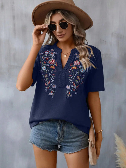 Vintage Summer V-Neck Lace Blouse – Casual Embroidered Loose Top for Vacation & Everyday Wear