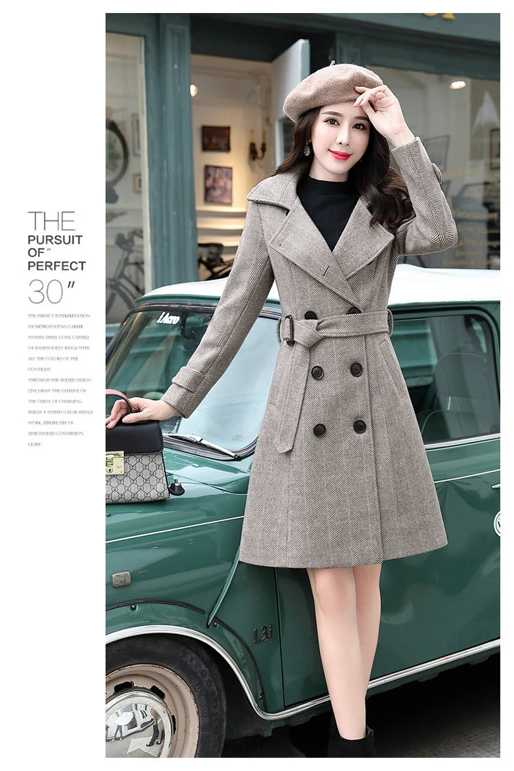 Korean Wool Blends Women Coats Lapel Double-Breasted Lined Trench Belt Ladies St