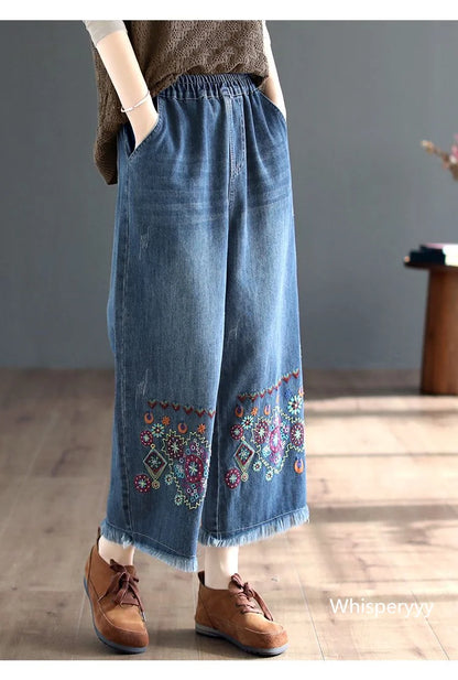 Retro National Style High Waist Embroidered Jeans Female Spring Autumn New Loose Wide-Leg Denim Trousers Women's clothing 2023