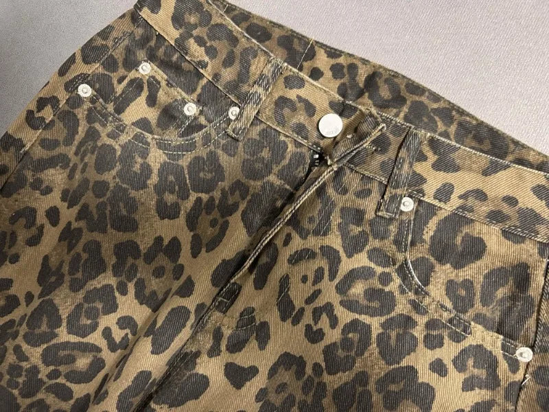 Wide-Leg High-Waisted Leopard Print Retro Jeans for Women, Y2K Oversized Casual Pants, Spring 2024