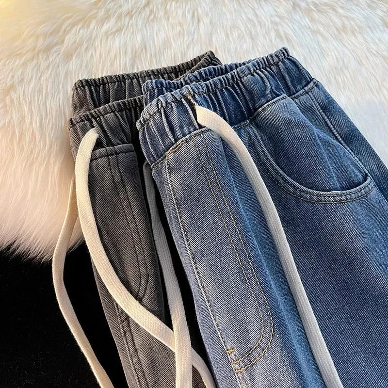 Calça jeans de perna larga forrado de veludo feminino, jeans de cintura alta, g