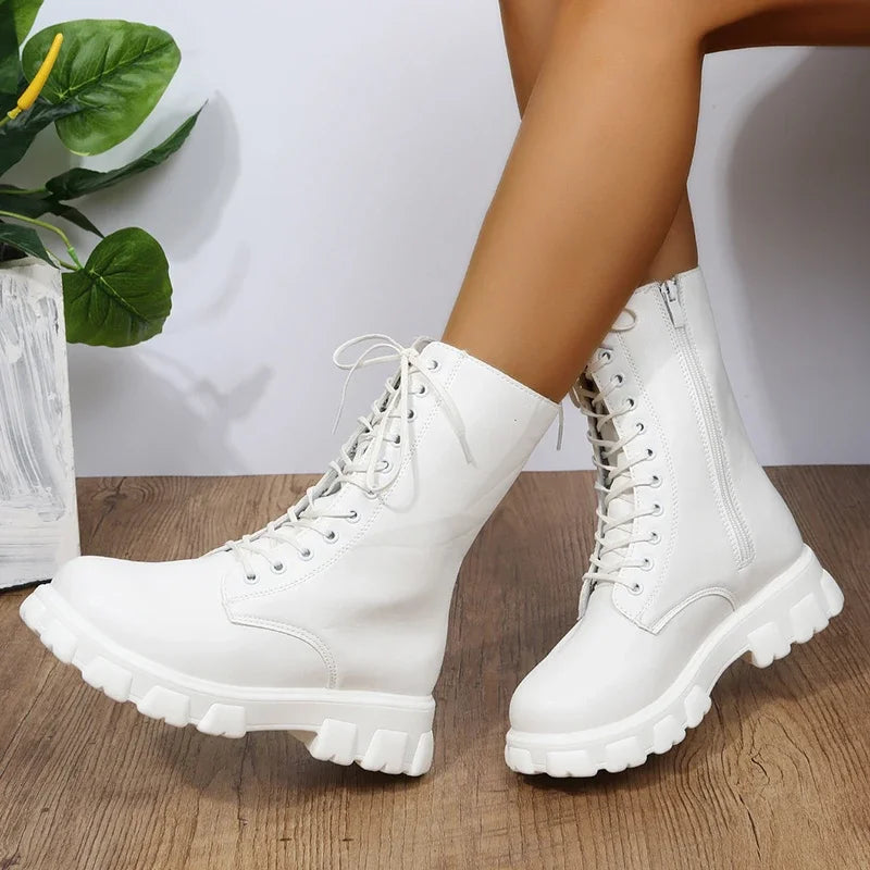 2024 Women's PU Leather Motorcycle Ankle Boots – White Chunky Heel Platform Booties for Autumn & Winter