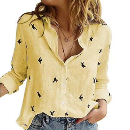 Vintage Streetwear Women's Oversized Bird Print Tunic – Casual Long Sleeve Cotton & Linen Blouse