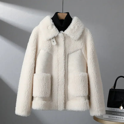 Casaco de lã de cordeiro curto feminino, jaqueta shearling granular, gola virad